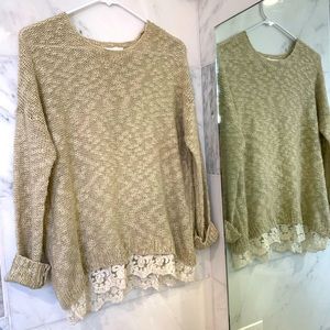 Beige Knit Sweater with Lace Trim (Small)